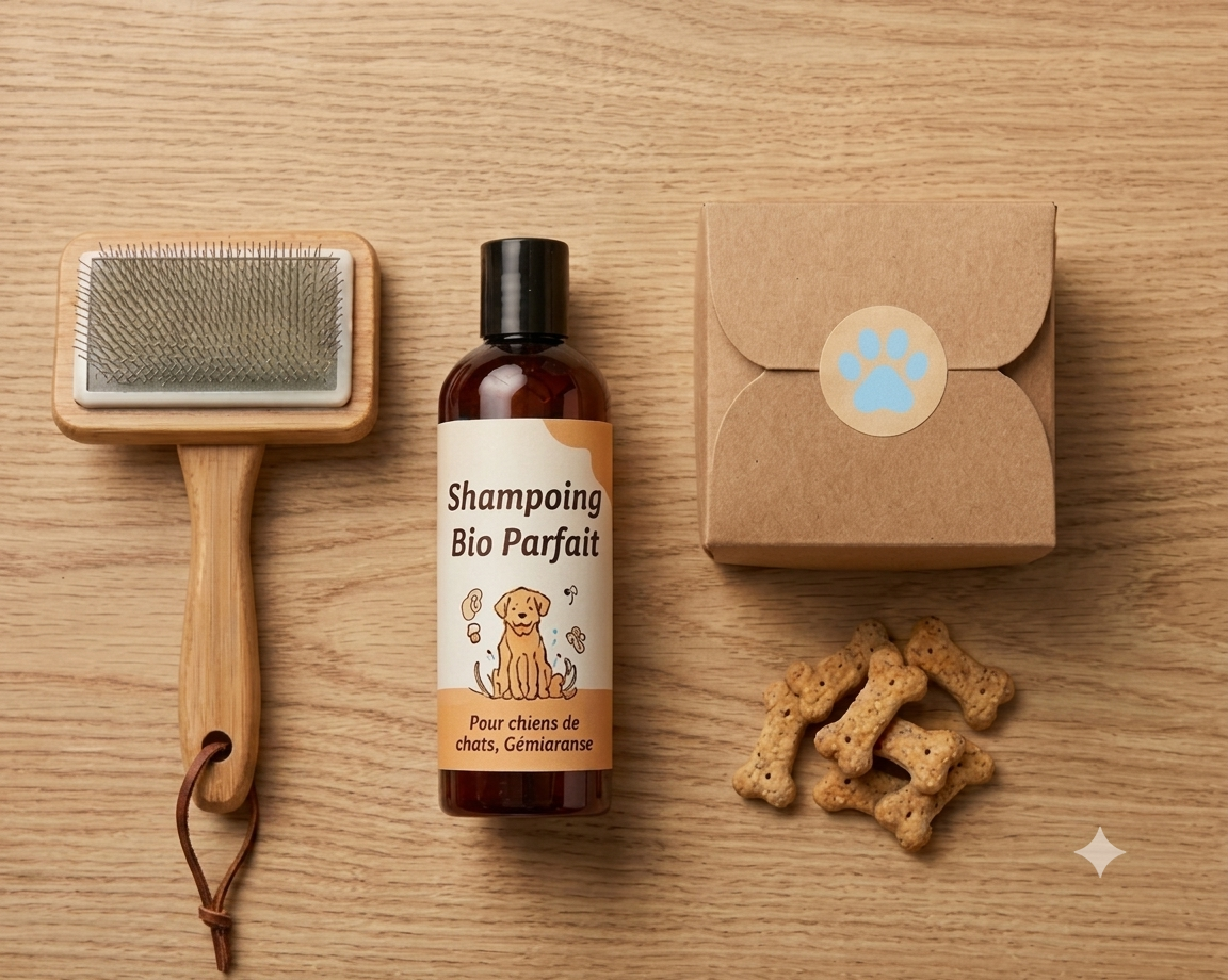 Matériel de toilettage canin professionnel avec brosse en bois, shampoing naturel pour animaux et friandises saines sur table claire