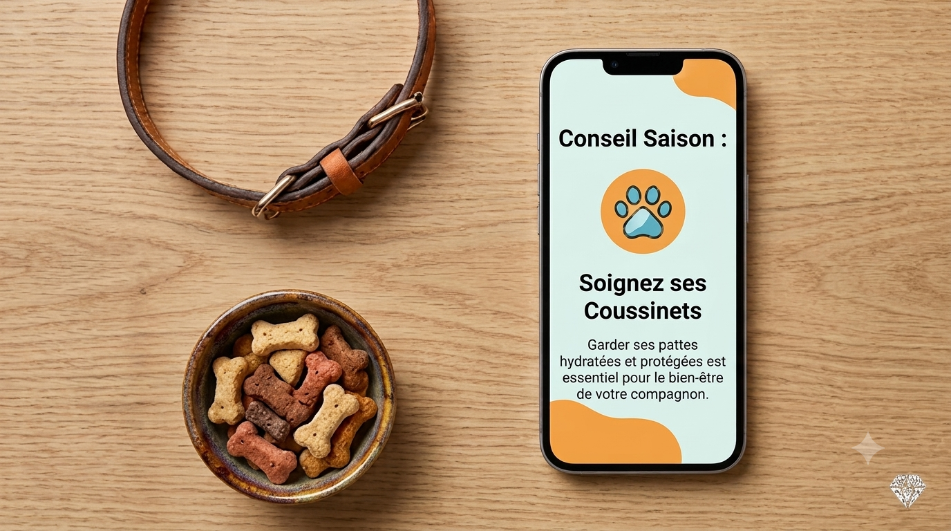 Téléphone portable affichant un conseil de saison sur le soin des coussinets, posé à côté d'un collier de chien en cuir