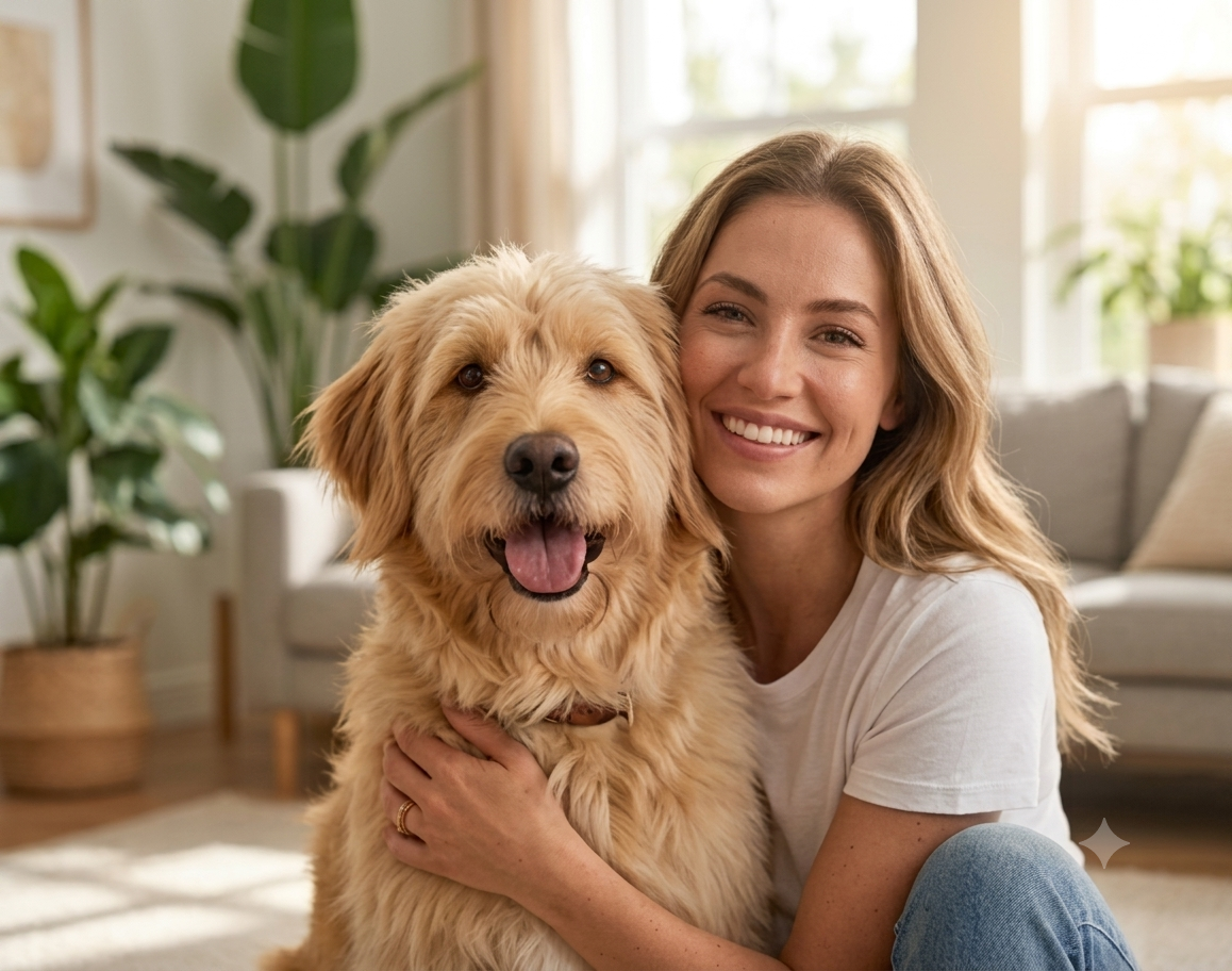 Femme souriante qui enlace son chien Golden Retriever dans un salon moderne chaleureux, illustration complicité maître animal