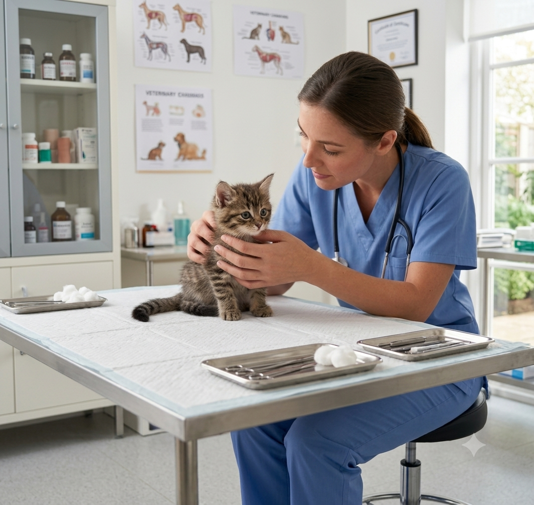 Mains d'un vétérinaire ou comportementaliste animalier examinant avec douceur un jeune chaton tigré sur une table de soin