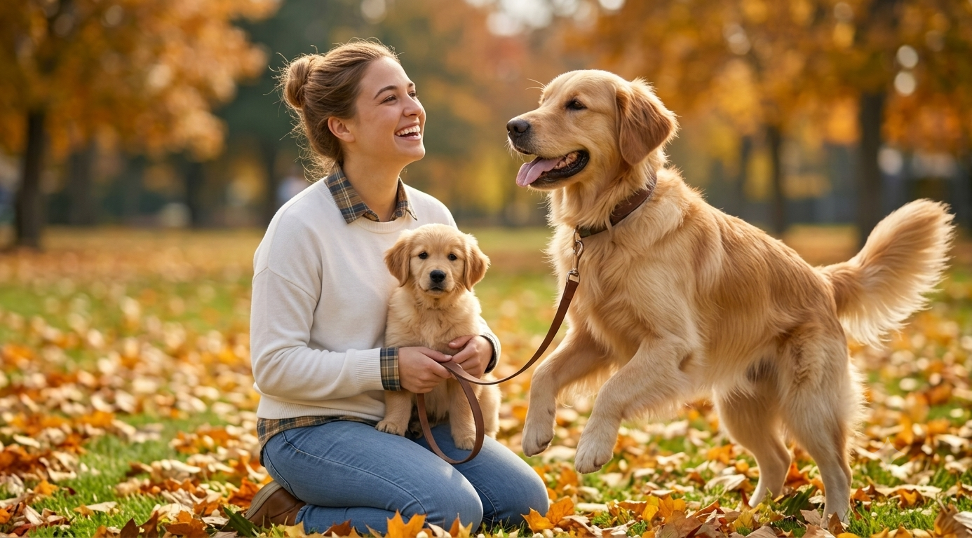 Éducatrice canine ou pet sitter en promenade avec un chien joyeux dans un parc aux couleurs d'automne