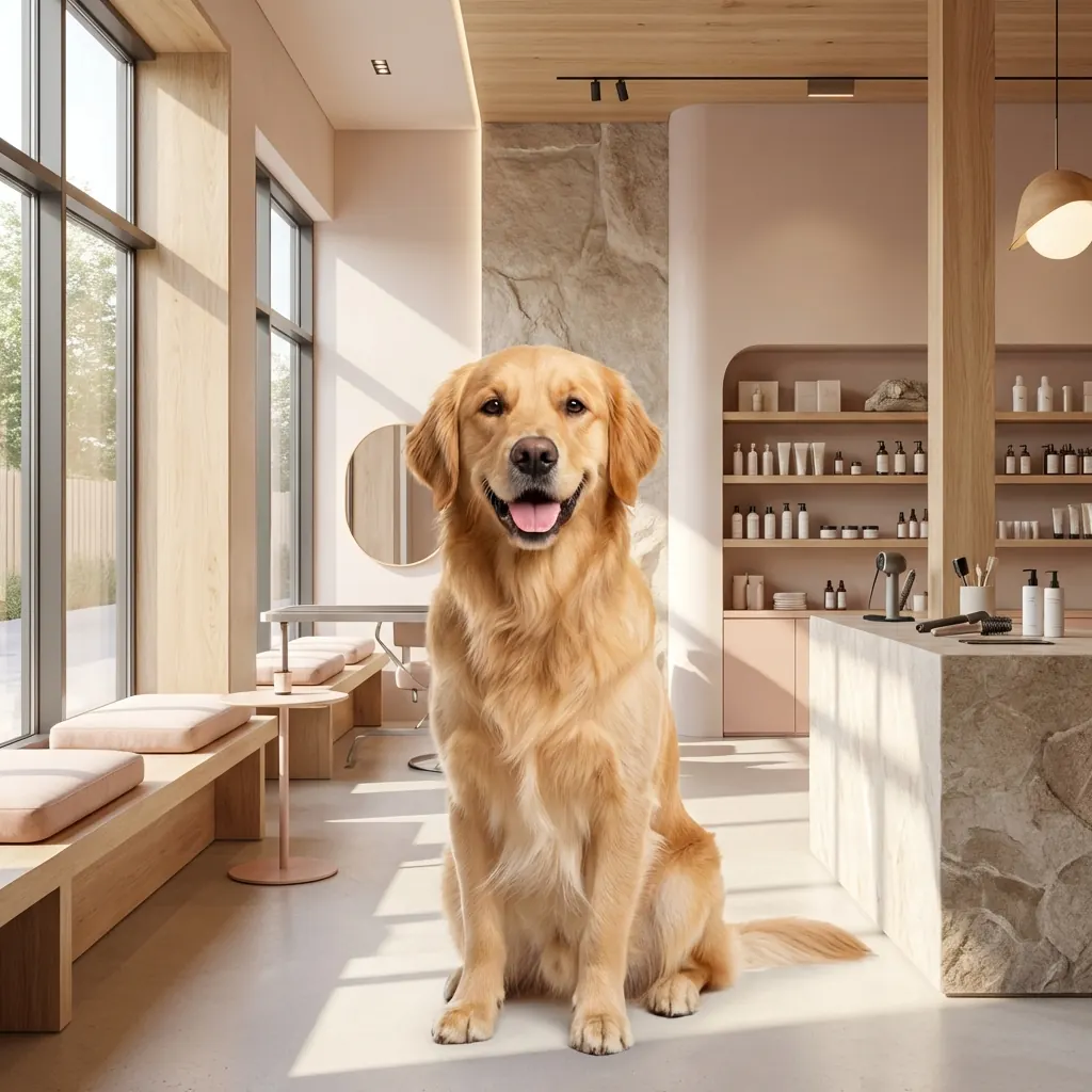 Un golden retriever assis, tout juste toiletté, dans un salon de toilettage lumineux